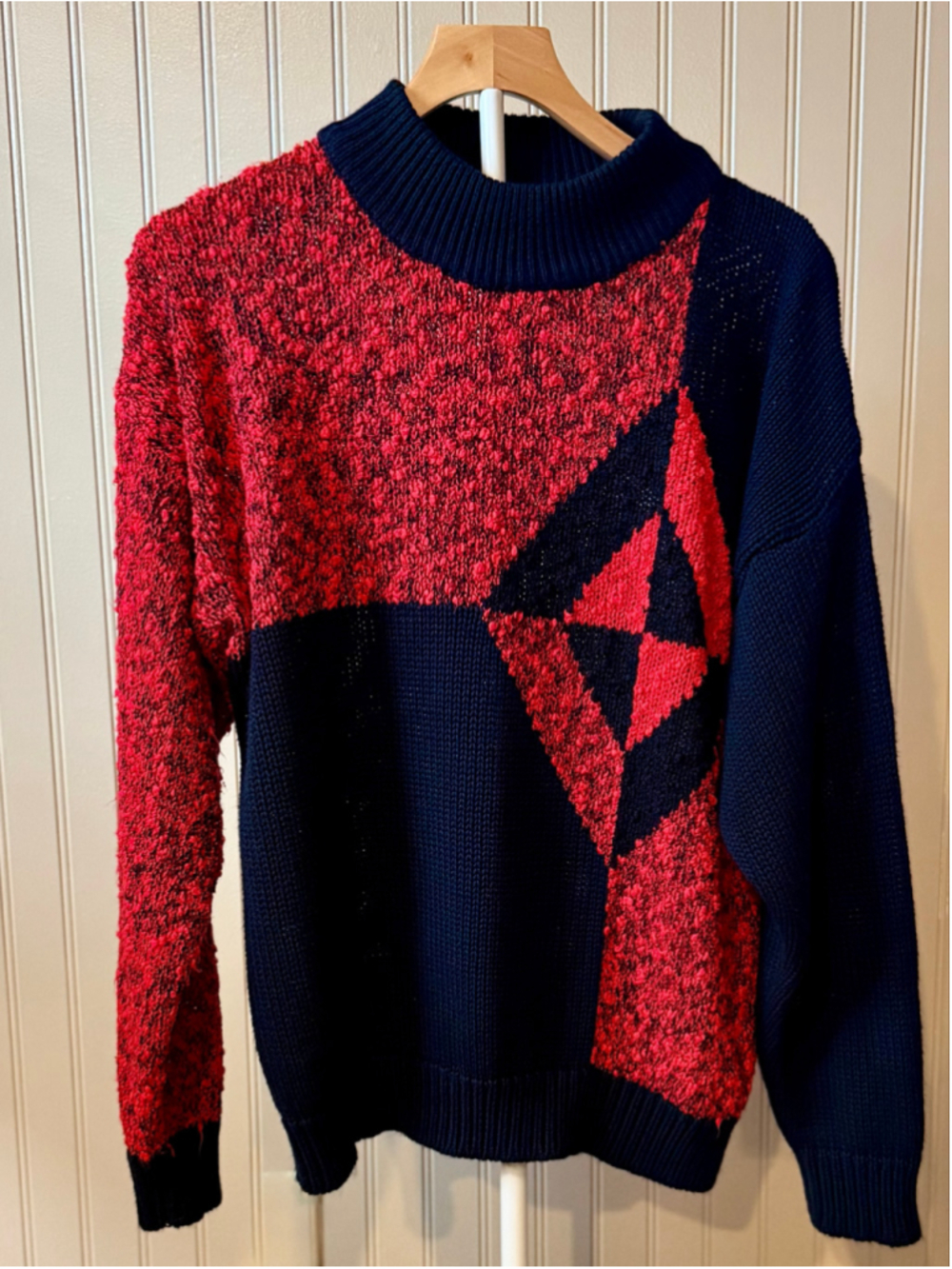 Vintage 80s Pretense Chunky Knit Sweater Geometric Colorblock Mock Neck Red